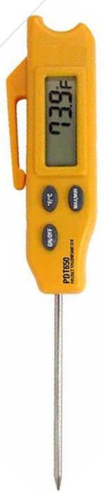 Turf-Tec Digital Pocket Thermometer with unit Open - Overall length 8 inches (21 cm) - Since the temperature sensor on this durable thermometer is located at the tip of the stainless steel probe, soil temperatures can be taken at different depths in the soil just by inserting the probe at different depth levels from one to three and a half six inches deep.  Unit also shows the maximum and minimum temperature readings with a separate button.