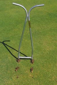 The Holey-Fier fixes many of these problems, a homeowner version of a tool used on golf courses for ages! Simply push the Holey-Fier into the soil with your foot and pull out.  The soil is removed leaving behind open holes.  Air, water and Nutrients will get into the open holes and will encourage deep roots. 