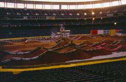 This is Qualcomm Stadium in San Diego, CA being prepared for a motocross event.  The field is underneath the mountains of clay.