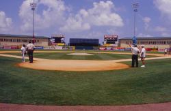 Raymond James Stadium field.  On the Right is the Cardinals clubhouse and on the left is the Marlins clubhouse.