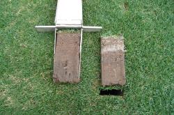 Here is a soil profile taken with the Mascaro Profile Sampler from Doak Campbell Stadium Field at FSU showing a soil profile of the field on the left and a soil profile of one of the painted lines from the same field on the right.