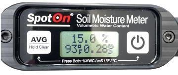 The Spot On TDR Soil Moisture Meter with 1.5 and 2.4 inch rods shows readings of VWC (Volumetric Water Content) EC (Electical Conductivity in ms/cm - Salts) and surface temperature or just VWC - TDR Moisture - Combination displayed here