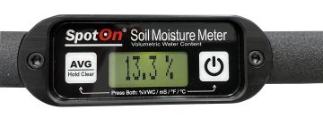 The Spot On TDR Soil Moisture Meter with 1.5 and 2.4 inch rods shows readings of VWC (Volumetric Water Content) EC (Electical Conductivity in ms/cm - Salts) and surface temperature or just VWC - TDR Moisture - VWV Displayed here