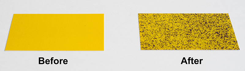 SpotOn Paper is sensitive to moisture, turning from yellow to blue, to show spray distribution