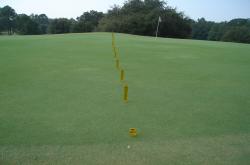 Here are the Precipitation / Uniformity Gauges set up on the golf green in a head to head arrangement to check the amount of water being applied as well as the uniformity of the irrigation coverage.